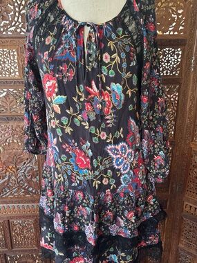 Alice + Olivia Black Floral Print Dress with Multicolor Accents